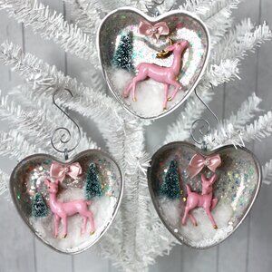 Pink Deer Christmas Ornaments: Vintage Jello Mold Tin, Bottle Brush Trees - Set